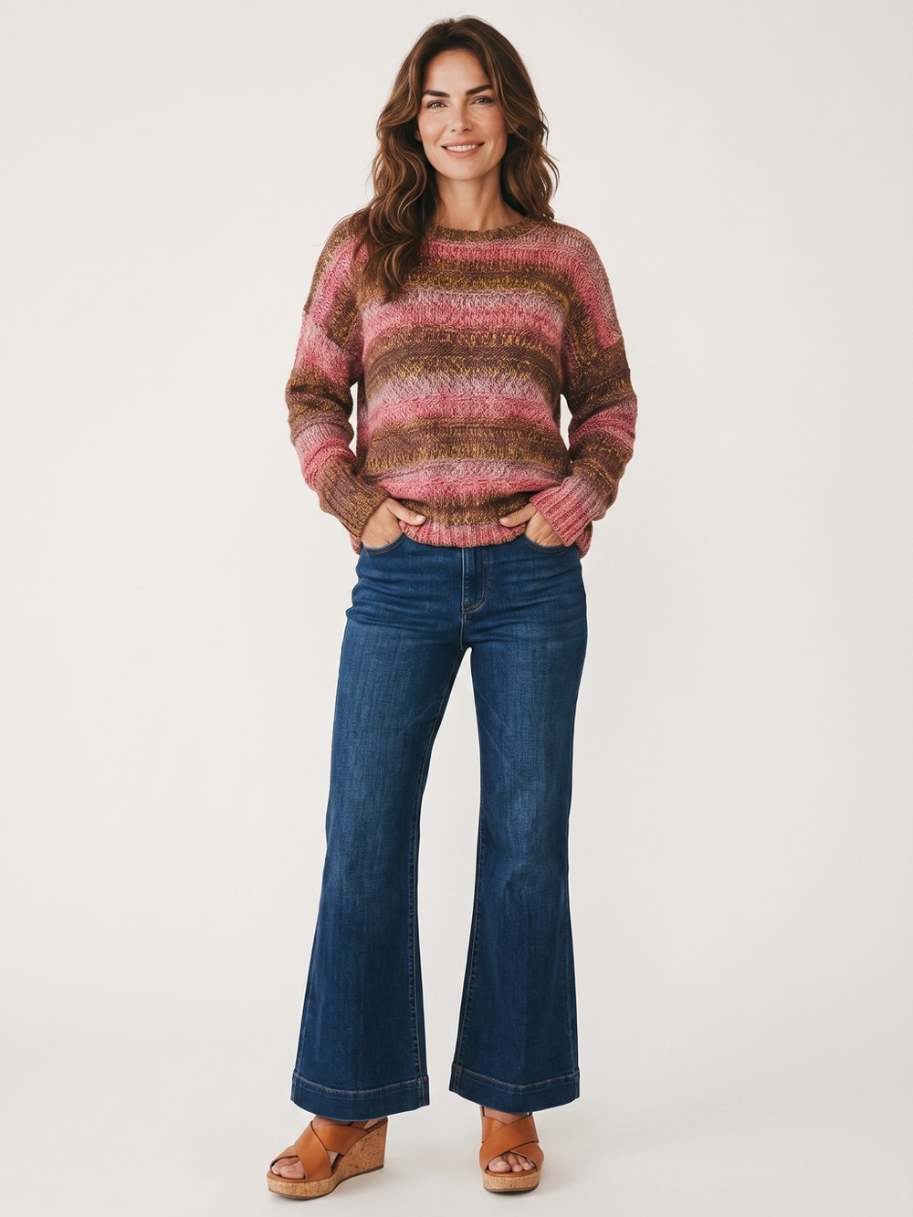American Eagle Outfitters Pink and Brown Striped Crewneck Sweater